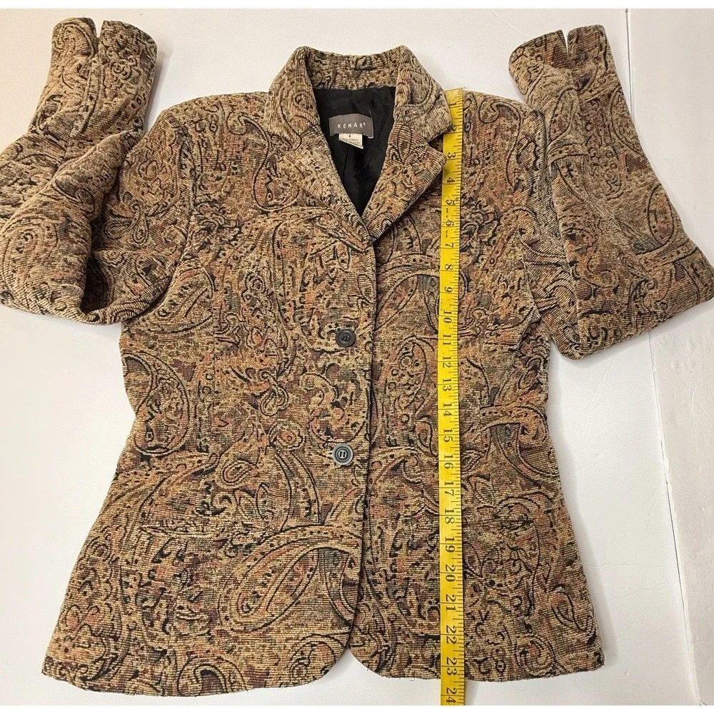 Vintage KENAR Jaquard Blazer Women Size 4 Textured‎ Gold Paisley Boho Chic Art